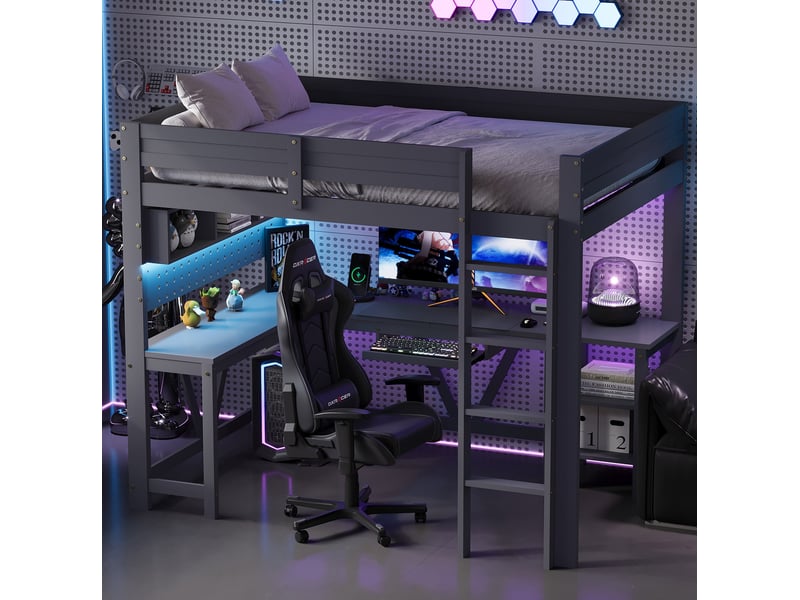  Lit mezzanine gaming 90x200 cm, garde-corps, lit enfant, rangement, avec éclairage led, bureau et recharge, en bois+mdf, gris sans matelas  - Conforama B