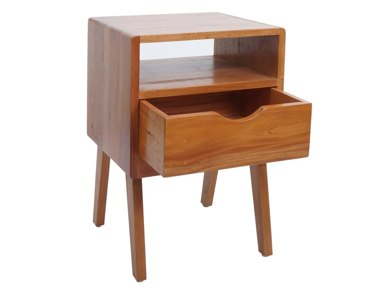  Table de chevet avec tiroir et compartiment ouvert finition résistante bois d’acajou naturel 04_0009144  - Conforama C