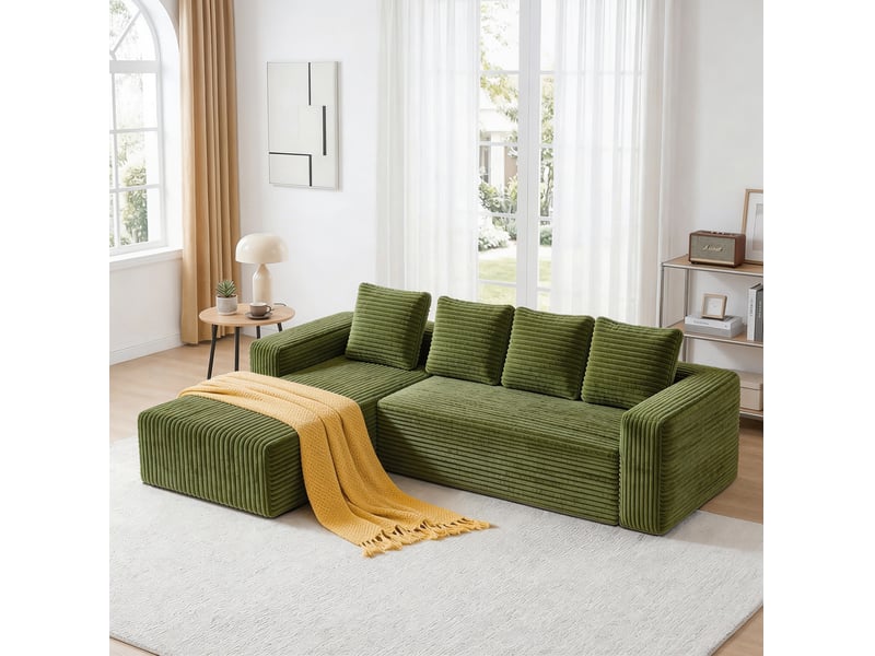  Canapé d'angle modulaire 4 places avec méridienne réversible sans montage en velours côtelé vert  - Conforama B