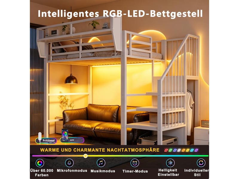  Lit mezzanine enfant 90x200cm avec bande led et escalier rangements,métal lit superposé simple avec étagère,sans matelas,blanc CARDUME ESTIVAL - Conforama D