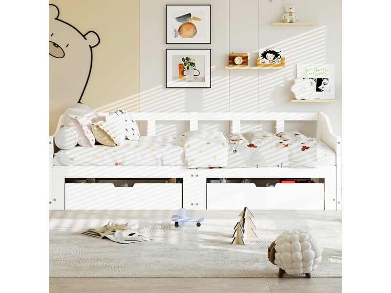  Canapé-lit pour enfant 90180 x 200 cm, lit de sol en bois avec sommier à lattes et 2 tiroirs, lit gigogne simple et double, lit fonctionnel avec cadre de lits pour enfants  - Conforama E
