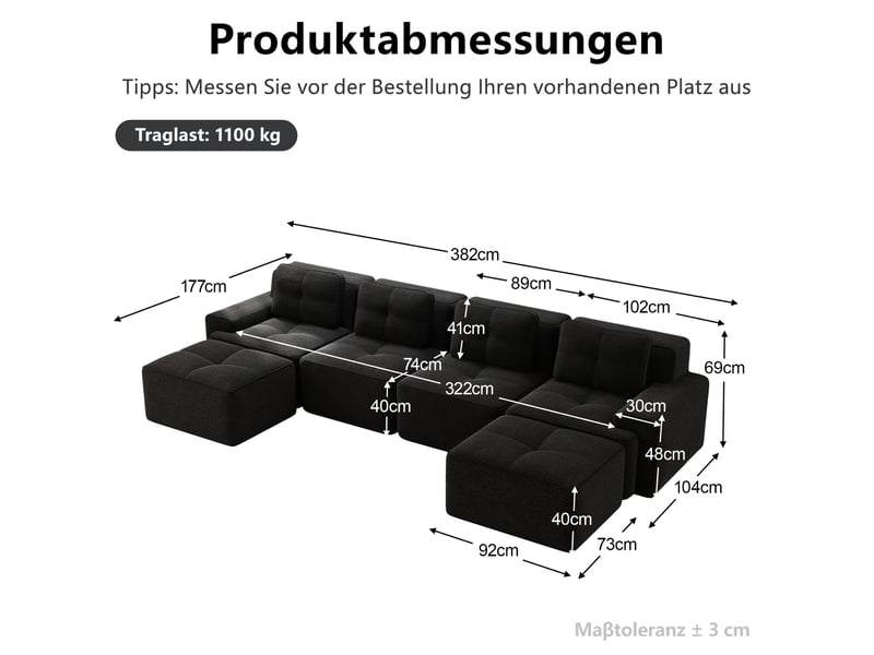 Canapé modulable en u 4 places avec assise profonde, base antidérapante et sans montage, en velours côtelé noir - Conforama E