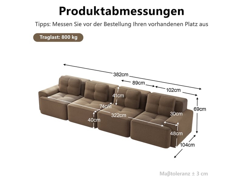 Canapé droit modulaire 4 places en velours côtelé marron 382 cm, assise profonde et confort nuageux - Conforama C