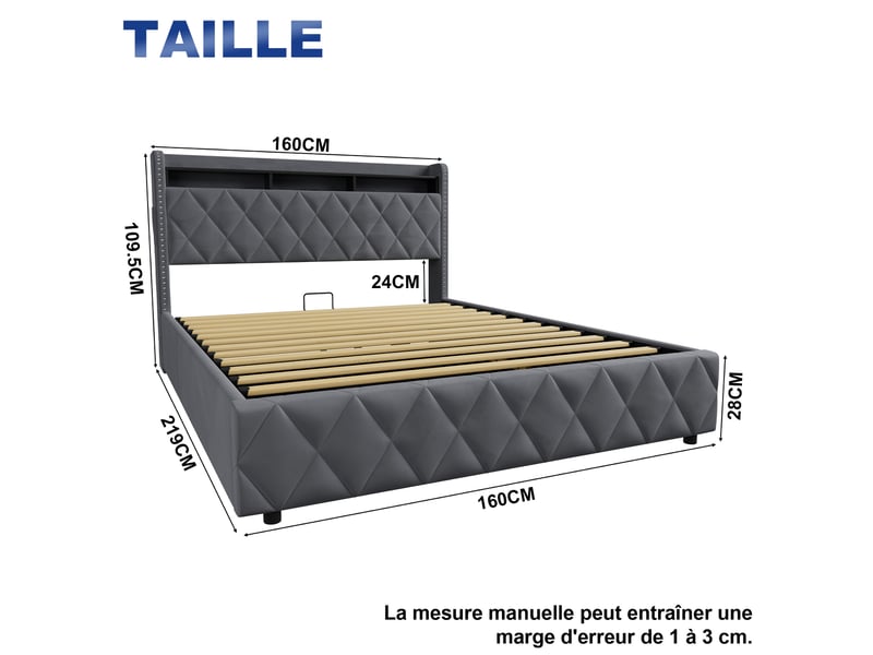  Lit 160 × 200 cm en velours, lit 2 places pour avec coffre de rangement hydraulique, led, couleur gris, sans matelas  - Conforama C