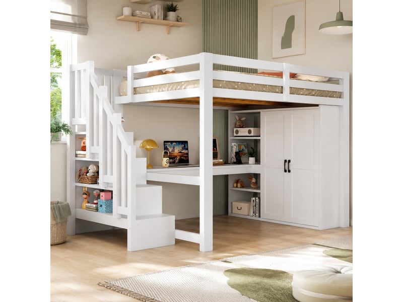 Lit mezzanine 140 x 200 cm blanc avec bureau, étagères, armoire, escalier de rangement, usb et led - Conforama C