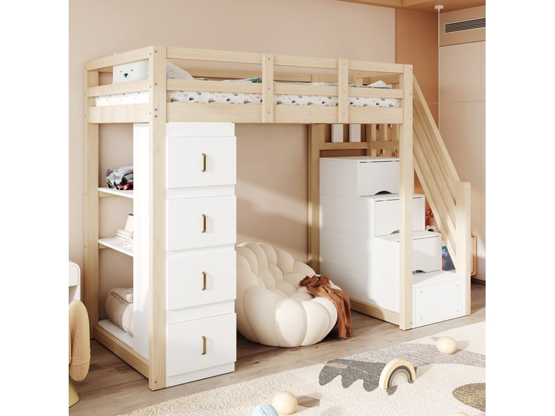  Lit mezzanine enfant 90x200 cm – bois naturel – 4 tiroirs, étagère et échelle avec rangement - sans matelas  - Conforama B