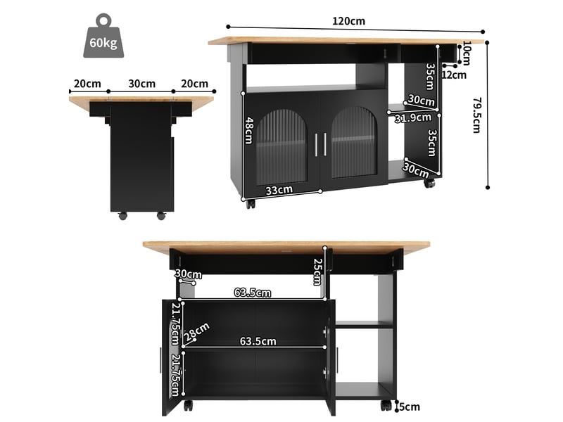  Desserte de cuisine 120 cm à plateau rabattable, rangement et roulettes, noir naturel  - Conforama C