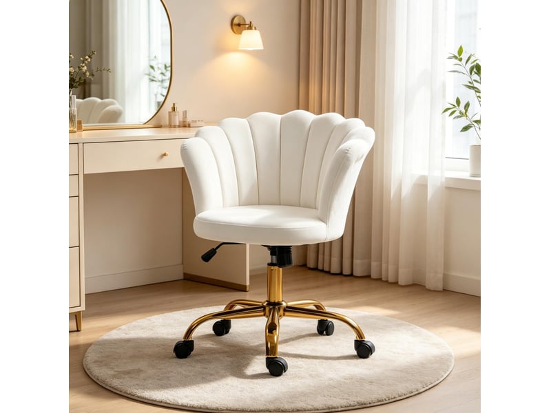  Fauteuil de bureau réglable 69 x 64 cm – blanc – velours, dossier pétale, roulettes et bascule  - Conforama B