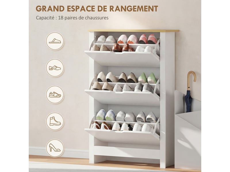  Armoire à chaussures 3 portes abattantes 2 compartiments blanc chêne panneaux particules  - Conforama A