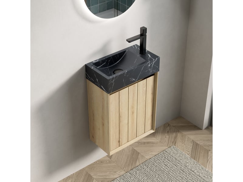 Meuble sous vasque avec 1 porte en marbre naturel et façade en bois massif pour petite salle de bain, noir et chêne blanc - Conforama B