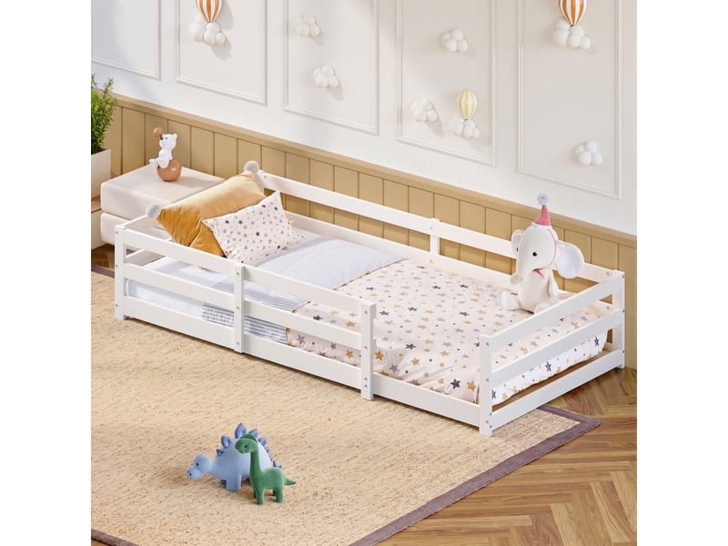  Lit montessori 90x200 cm au sol avec barrière - bois massif blanc sommier inclus  - Conforama W