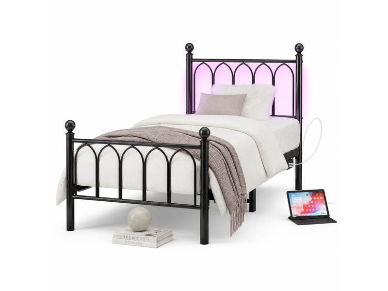  Cadre de lit métal vintage 90x200 cm, équipé de tête et pied de lit, led, noir, sans matelas  - Conforama A