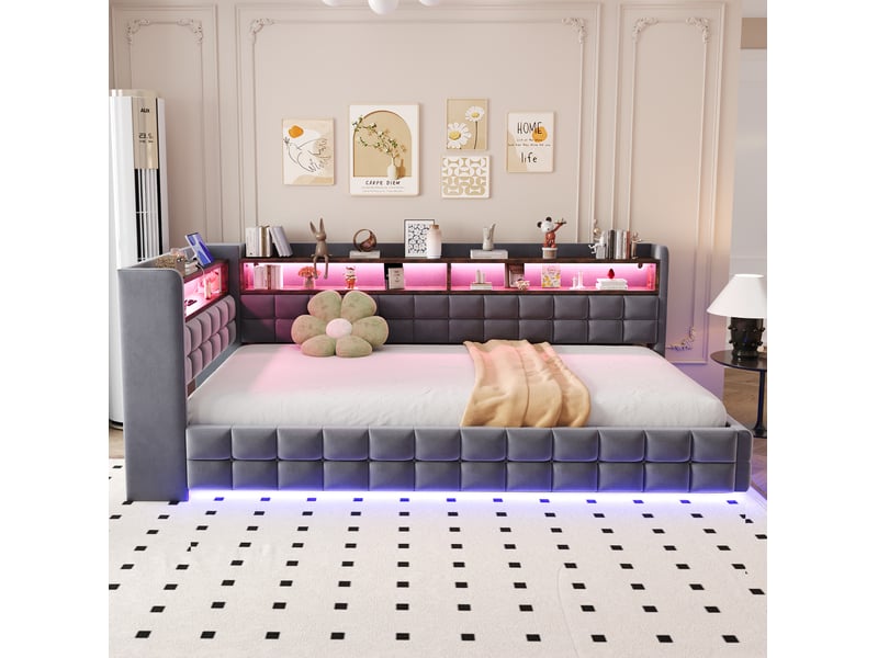  Lit simple 90x200 cm avec rangement hydraulique et led en velours gris  - Conforama B