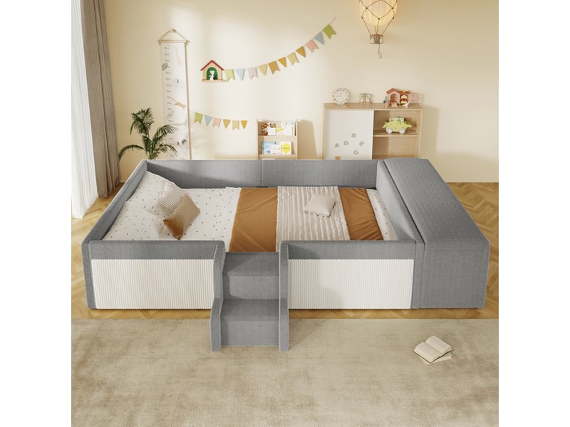  Lit double enfant 140x190 cm, lit au sol rembourré avec banquette coffre de rangement, marche d'accès, tissu bouclé, sans matelas, gris  - Conforama D