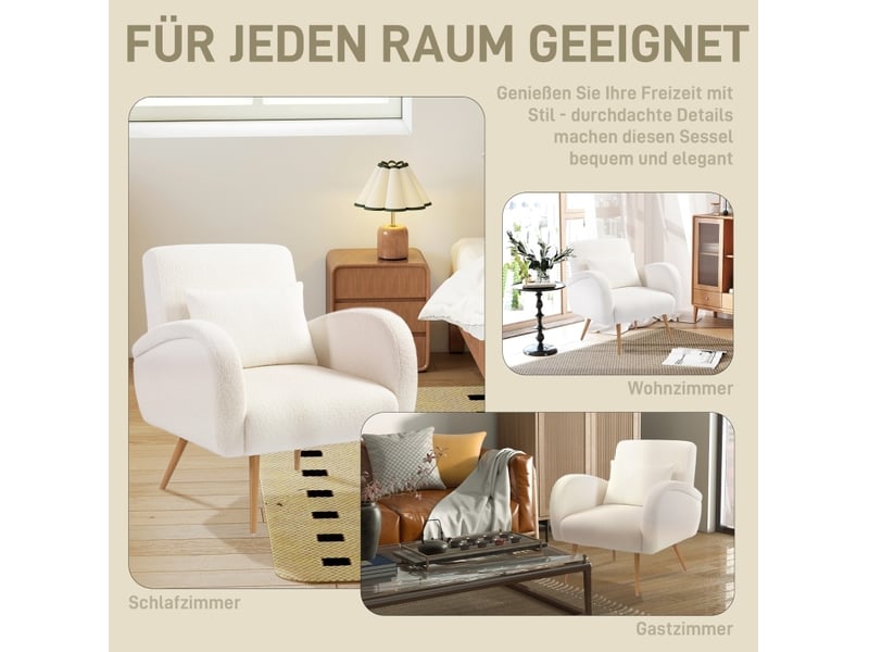 Fauteuil de lecture moderne en tissu crème avec coussin lombaire et pieds métal effet bois, pour votre salon - Conforama D