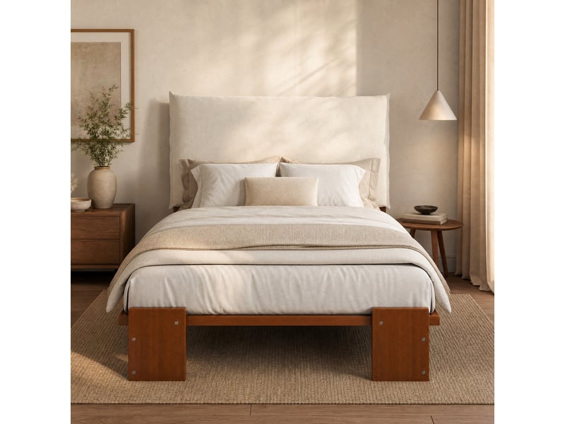  Lit enfant 90x200 cm en bois marron foncé avec tête de lit rembourrée  - Conforama B