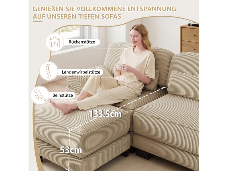 Canapé modulable en u 3 places 265x161x94 cm avec 2 poufs, assise profonde, coussin lombaire épais, velours côtelé beige - Conforama D