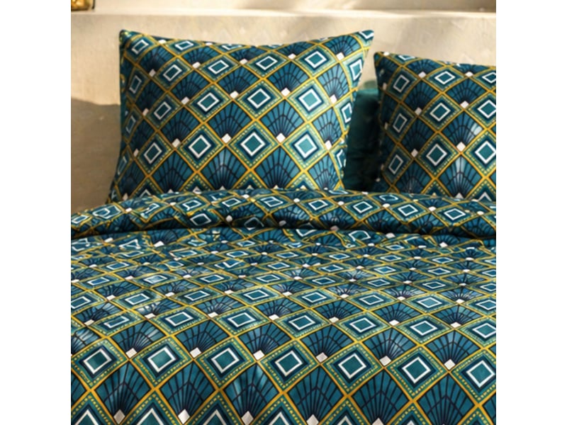  Parure housse de couette 260x240cm + 2 taies motif art-déco bleu et jaune 100% coton - lirika LIRIKA - Conforama D