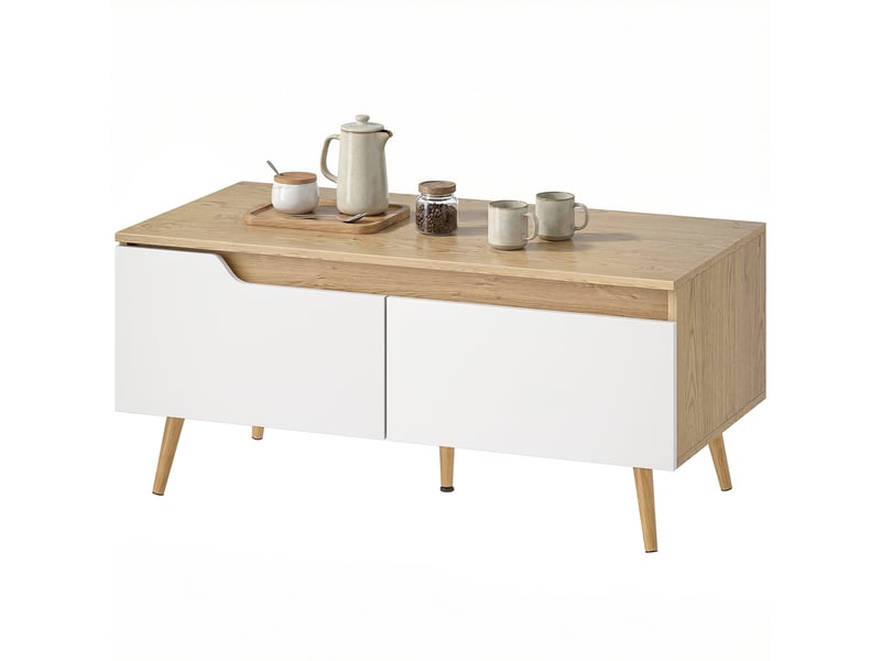  Table basse rectangulaire, table de salon moderne avec 2 tiroirs, 5 pieds en pin, 100 x 50 x 46 cm, chêne et blanc  - Conforama B