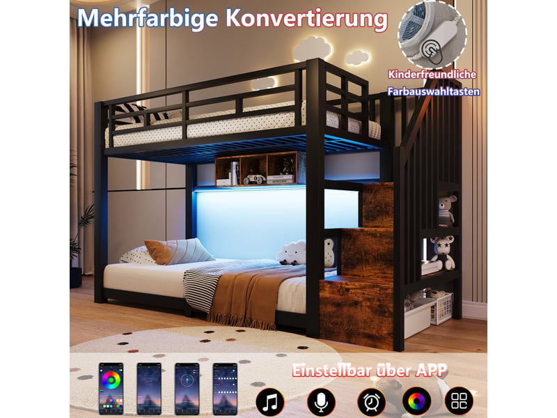  Lit superposé noir 90x200 cm en métal, avec led, 3 compartiments, escalier de rangement et garde-corps  - Conforama D