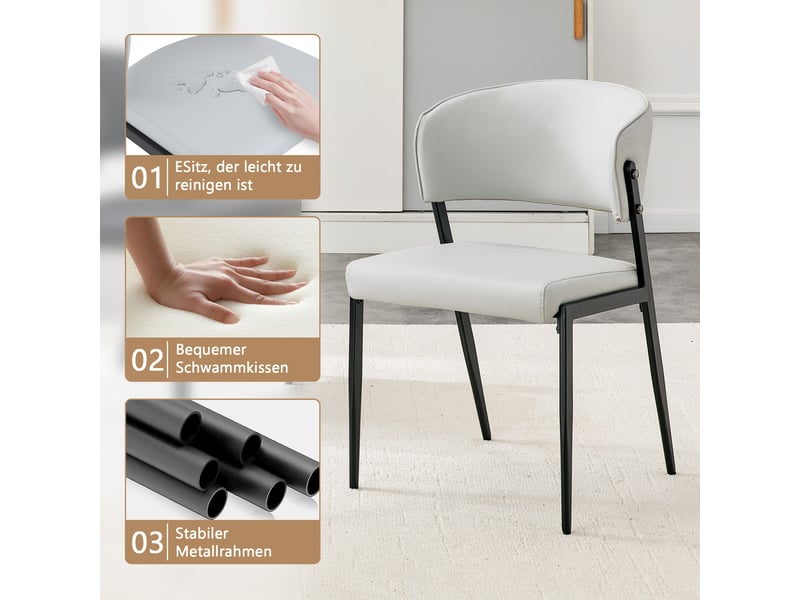  Lot de 2 chaises de salle à manger avec dossier courbé et assise rembourrée  - pieds métal, pu gris clair  - Conforama E