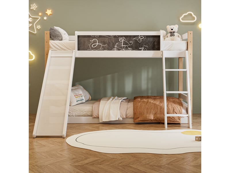  Lit superposé enfant 90 × 200 cm et 90 × 190 cm 2 places avec toboggan, escalier et tableau, sans matelas, blanc  - Conforama C