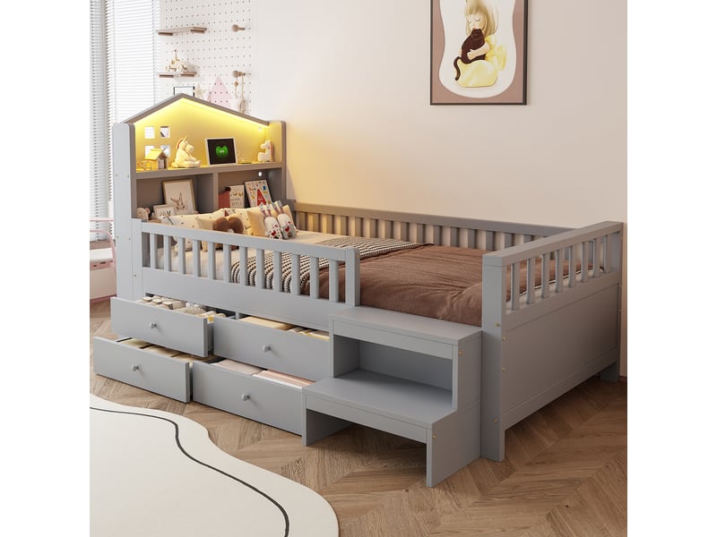 Lit enfant 90x200 cm gris en bois massif avec 4 tiroirs, marche, led, usb et type-c - Conforama R