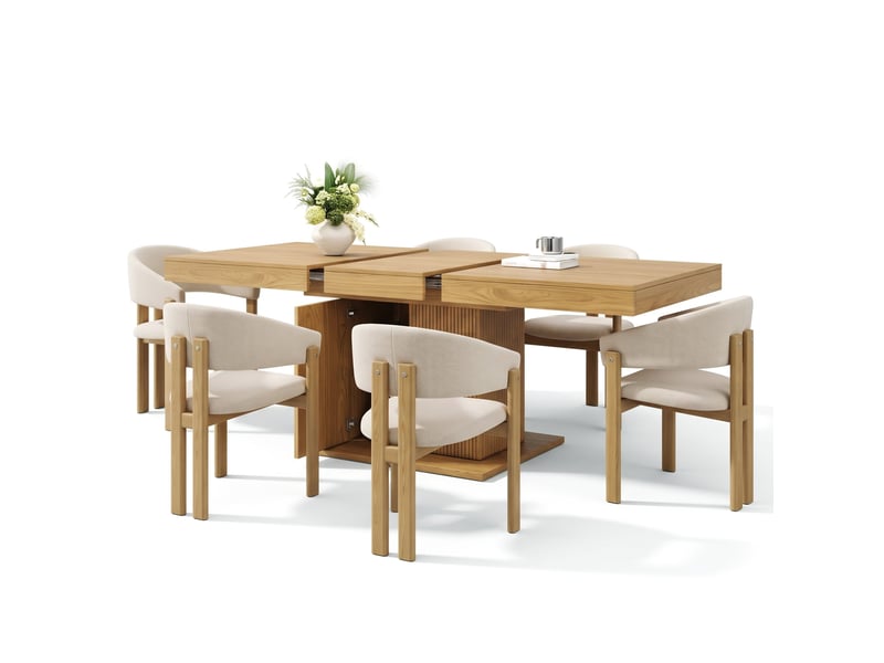 Ensemble table à manger extensible 140-180 cm + 6 chaises en tissu lin, rangement intégré, portes rainurées, étagères amovibles - Conforama A