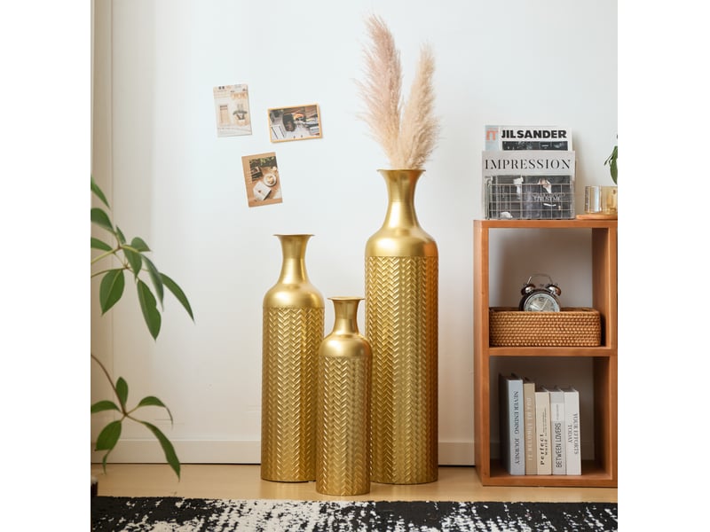  Vases de sol 3 pièces 50,0165,9983,01 cm motif structuré métal doré  - Conforama C