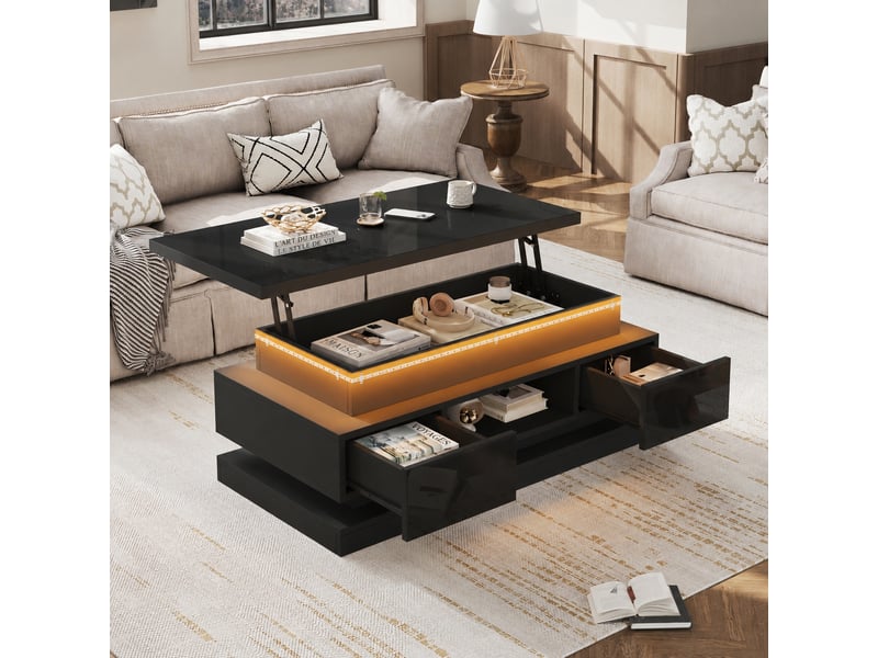  Table basse relevable 100 x 50 cm, 2 tiroirs, rangement caché et éclairage led, noir  - Conforama B