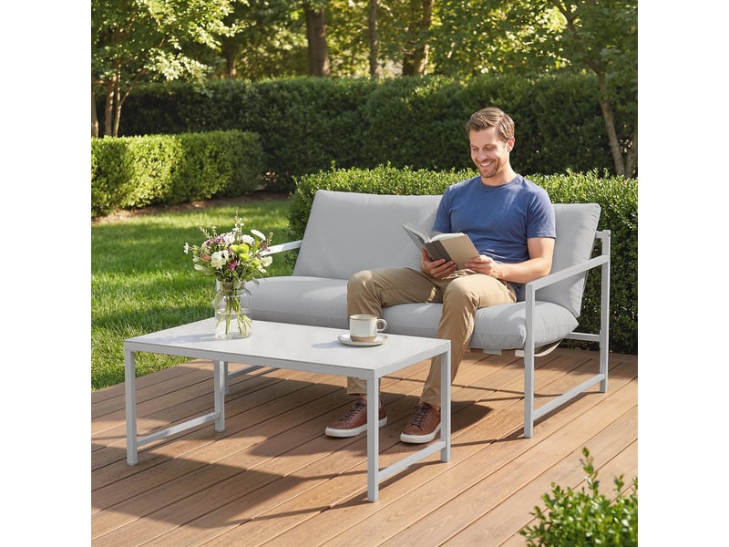  Salon de jardin extérieur 2 pcs, canapé avec coussins, table basse en verre trempé, gris clair  - Conforama D