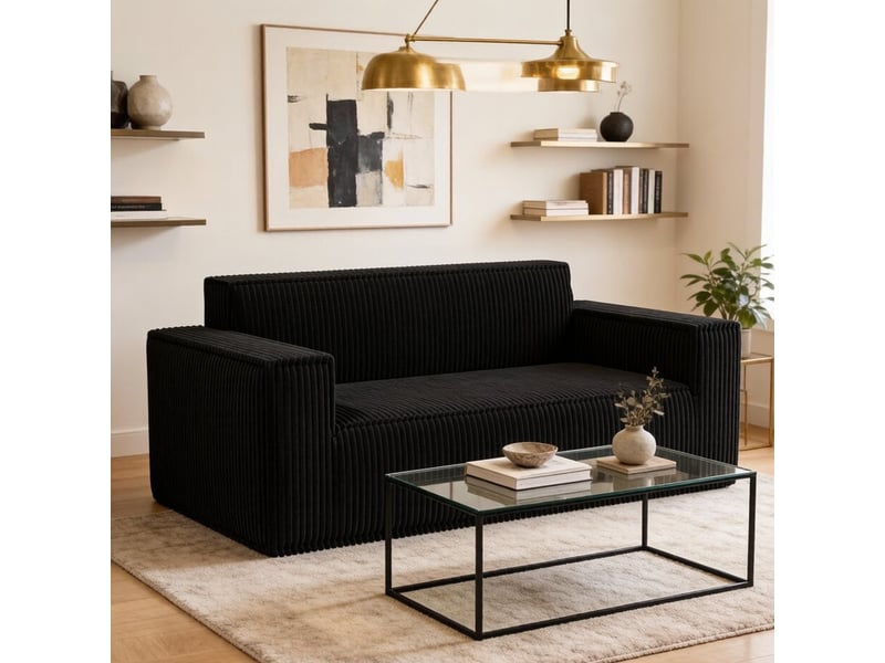 Canapé 2 places en velours côtelé, 58cm profondeur d'assise, 178x86x70cm, noir  - Conforama W