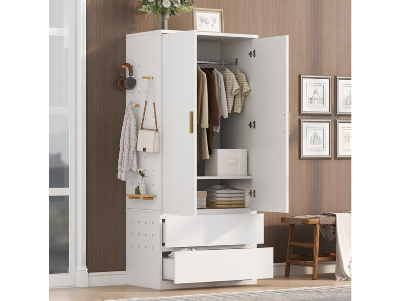 Armoire penderie multifonction 70x50x170 cm, 2 tiroirs, rangements cachés, panneau perforé, contreplaqué et mdf, blanc  - Conforama D