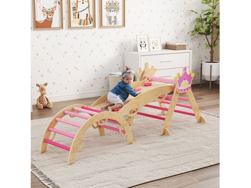  Jouets deescalade 8 en 1 avec toboggan, balançoire et bascule en bois rose pour intérieur 80 × 42 × 38 cm  - Conforama B