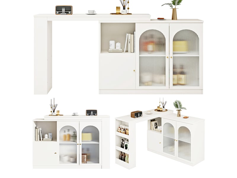  Table de bar 120 x 40 x 97 cm, pivotante à 360°, table à manger avec 3 portes, rangement ouvert - blanc  - Conforama A