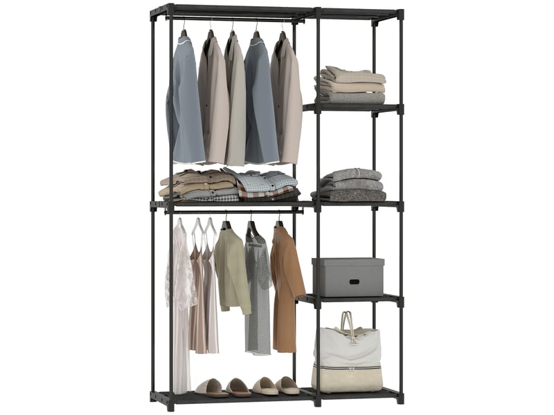  Armoire de rangement, penderie portable avec 2 barres de suspension et 6 étagères, 111 x 43 x 185 cm, noir  - Conforama A