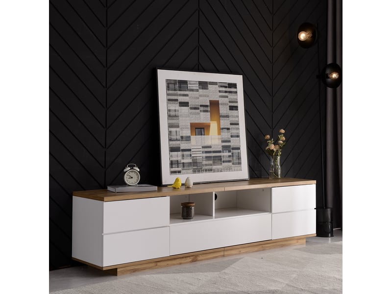  Meuble tv avec 5 portes, 2 niches et poignées dissimulées pour salon en mdf 180×38×46 cm blanc et bois  - Conforama C