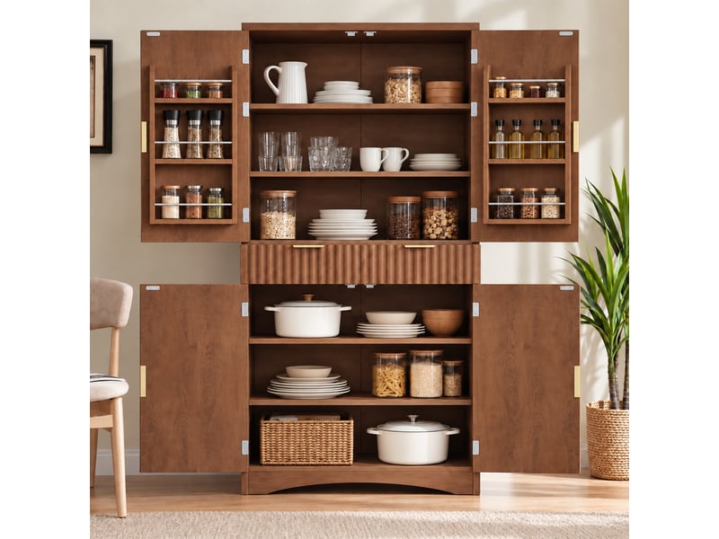  Buffet haut h180 cm avec portes rainurées - tiroirs, étagères réglables, rangements de porte intégrés et grand espace de stockage effet noyer Fay Lum - Conforama R