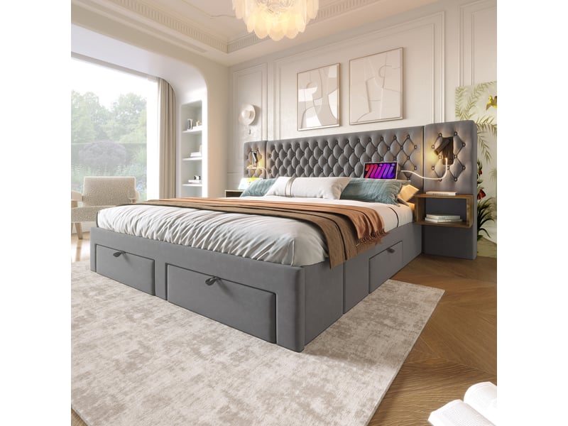 Lit en velours gris 160 x 200 cm - Conforama B