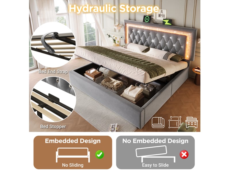  Lit coffre 160x200 cm, design moderne, avec bande led, station de charge usb et type-c, métal, gris, matelas inclus  - Conforama E