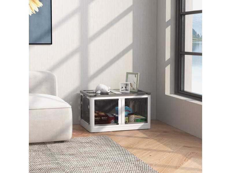 Boîte de rangement pliable et empilable en plastique (99 l) avec couvercle, 4 roues, accessible par 5 côtés, blanche - Conforama C