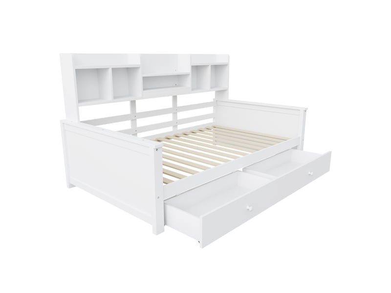  Lit banquette 90x200 en bois massif, lit enfant avec tiroirs et étagères de rangement, canapé-lit multifonction avec sommier inclus, blanc.  - Conforama C