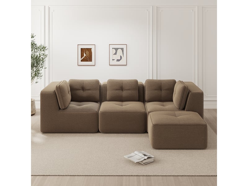 Canapé d'angle, canapé modulable; en velours tricoté, 3 places, marron, assise profonde, sans cadre, avec pouf, sans montage  - Conforama R