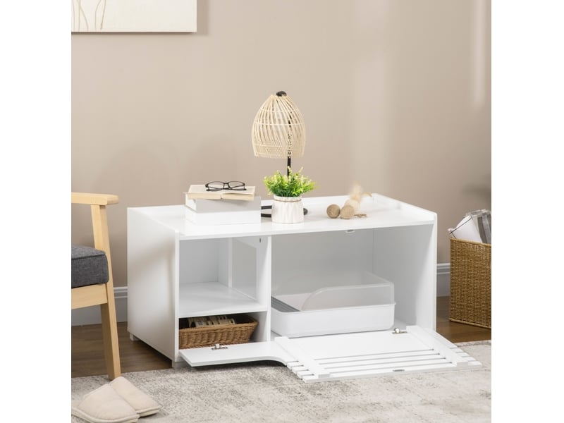  Meuble pour litière féline 90 x 48 x 43,5 cm – blanc – 2 étagères et porte magnétique surélevée  - Conforama B