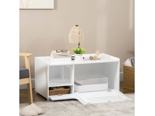 Meuble pour litière féline 90 x 48 x 43,5 cm – blanc – 2 étagères et porte magnétique surélevée