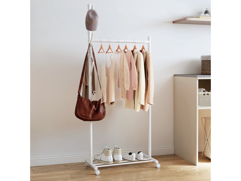  Porte-manteau sur pied à roulettes, 5 crochets et étagère à chaussures inférieure, blanc  - Conforama C