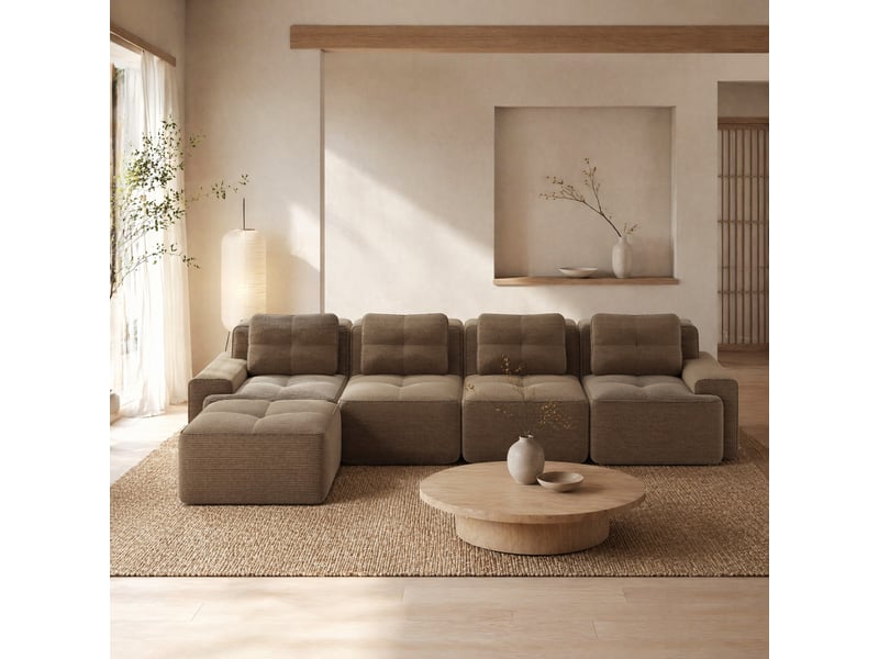 Canapé modulaire 4 places avec chaise longue en l en velours côtelé marron - Conforama C