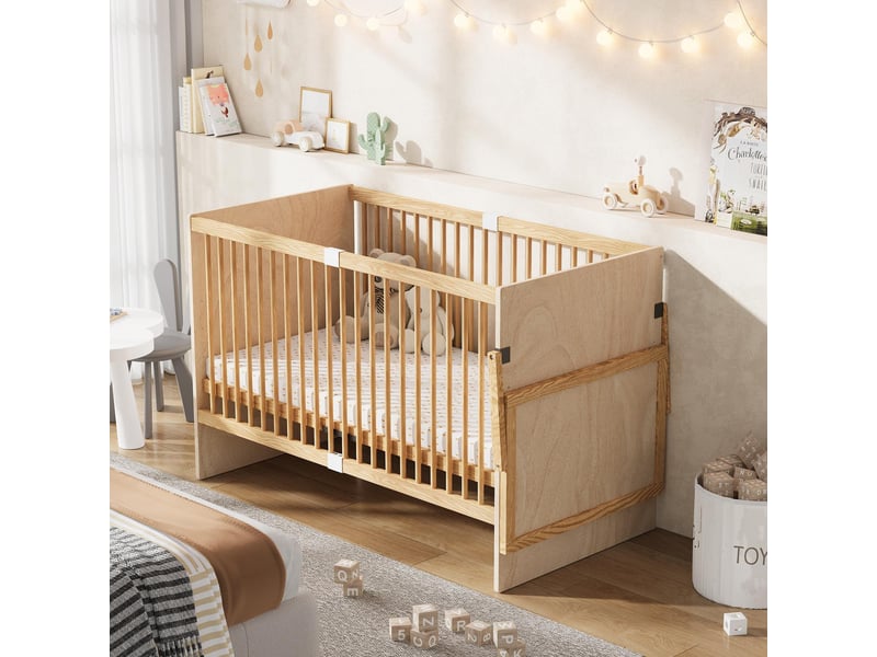  Lit bébé multifonction 70x140 cm - lit à barreaux en pin massif avec table à langer rabattable - bois naturel  - Conforama C