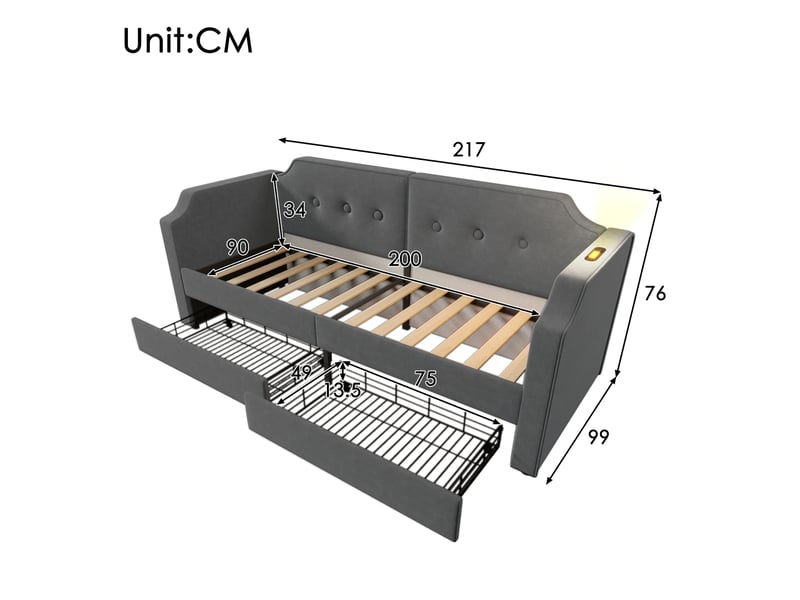  Canapé lit 90x200cm, lit adulte, lit 1 place avec tête de lit, 2 tiroirs de rangement et sommier, charge, velours gris, sans matelas  - Conforama D