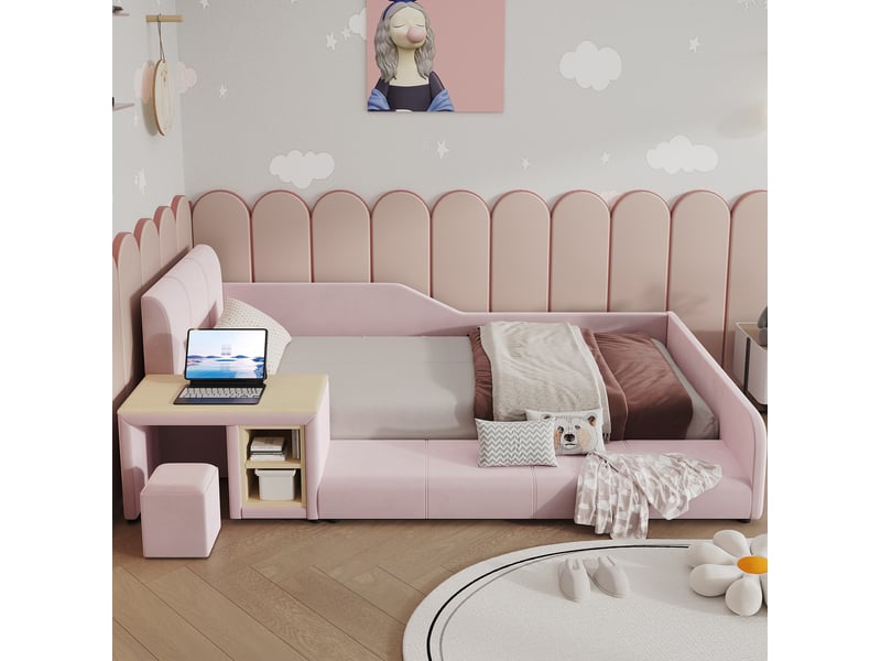 Lit enfant combiné modenvie avec bureau, tabouret et étagère, 90 x 200 cm, velours rose  - Conforama E